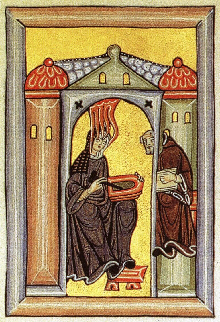 Hildegard von Bingen empfängt eine göttliche Inspiration und gibt sie an ihren Schreiber weiter.