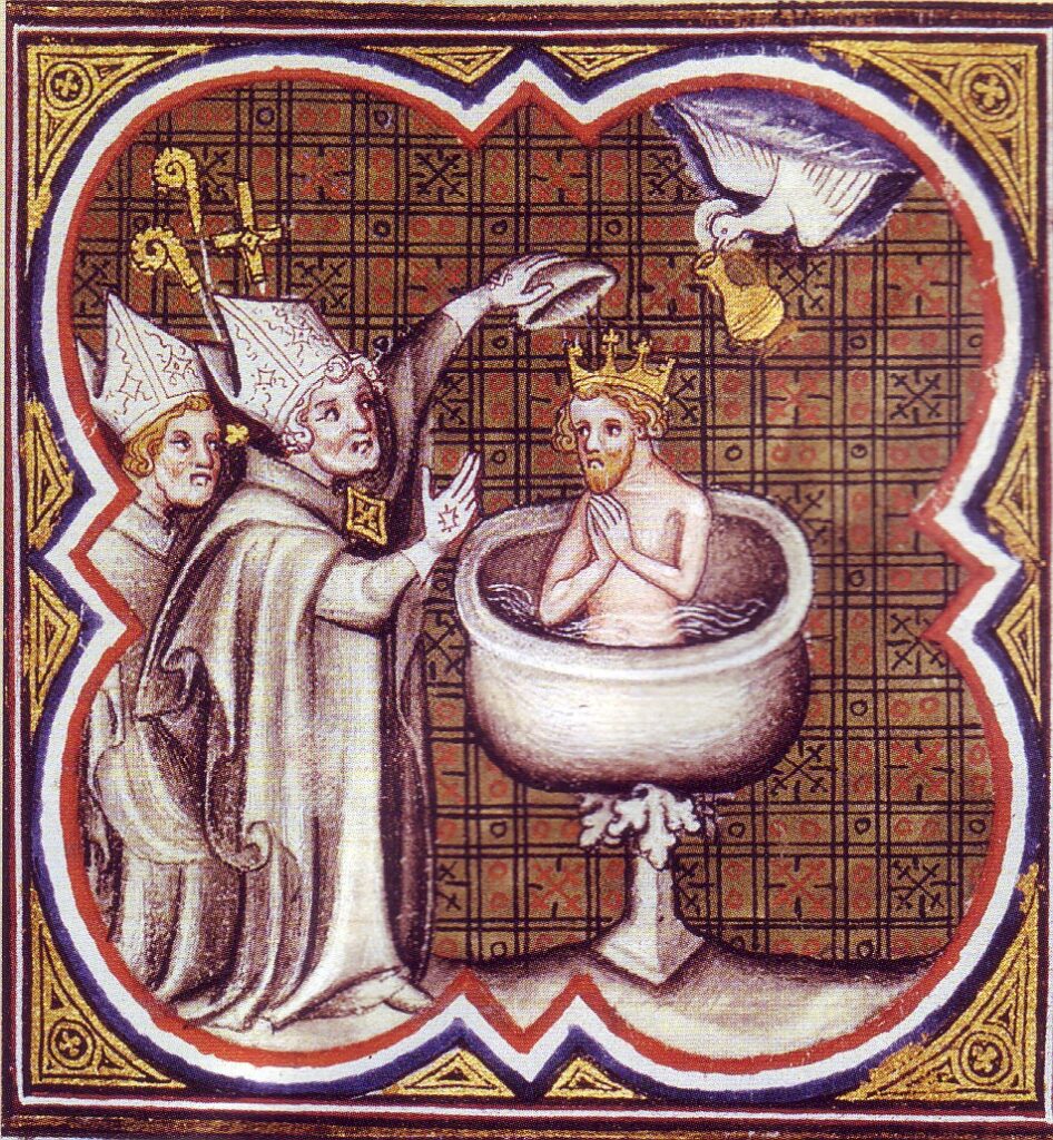 Unter Chlodwig I. (466-511) wurden die Franken zu Christen, da er zu diesem Glauben konvertierte und sich sogar taufen lies. Französischen Buchmalerei der Taufe Chlodwigs.